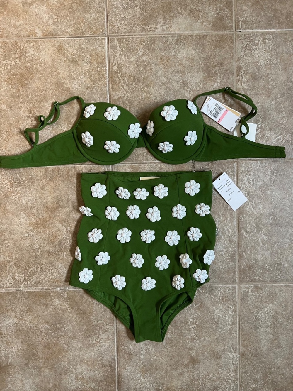 MICHAEL KORS 2 piece SWIMSUIT Retro pin-up green underwire bra set $771.00 sz10 - Picture 3 of 7